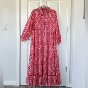 Ro’s Garden Red Printed Long Sleeve Midi Maxi Cotton Shirt Dress